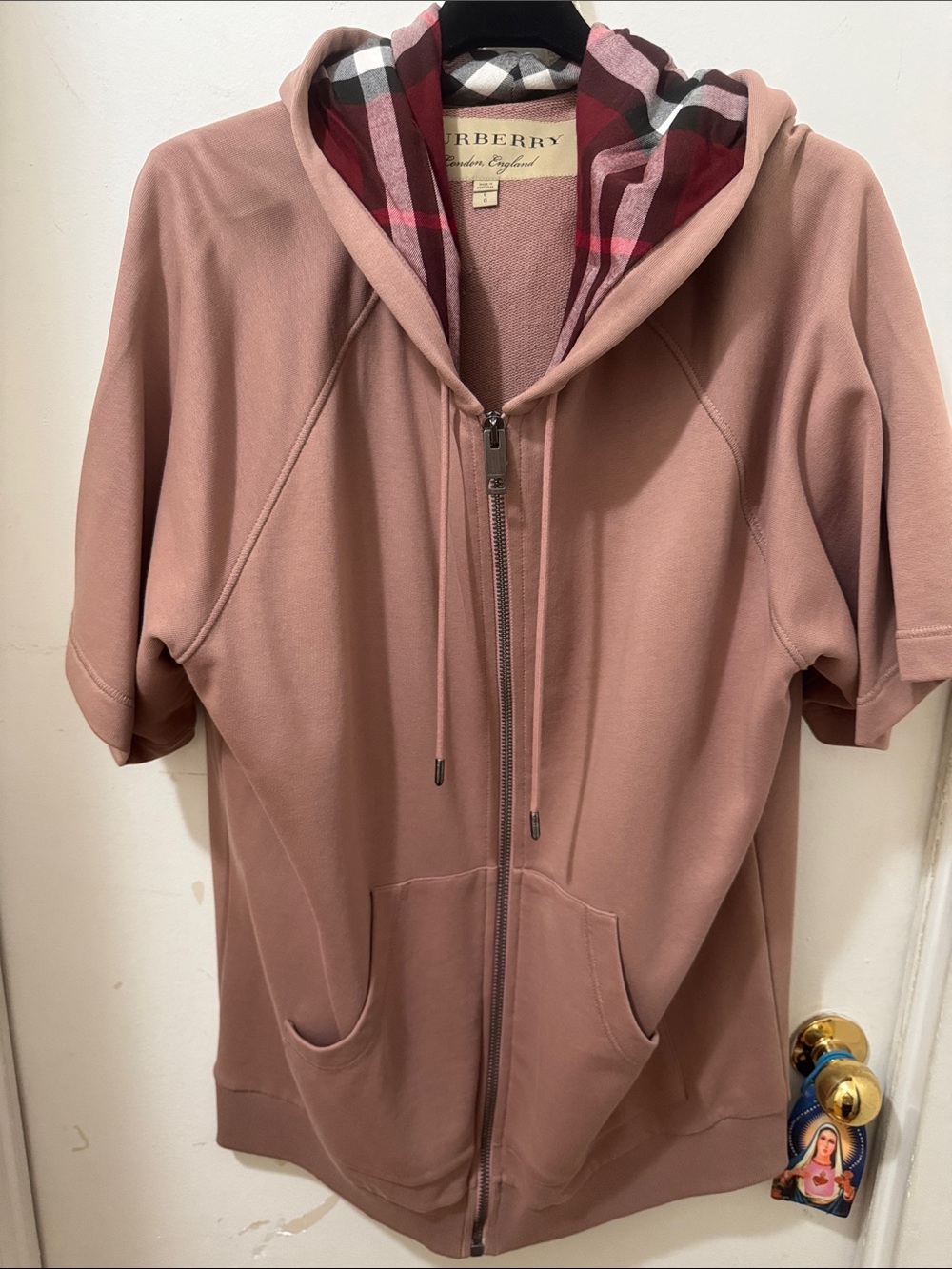 Burberry Dusty Rose Short-Sleeve Zip Hoodie with Signature Check Lining